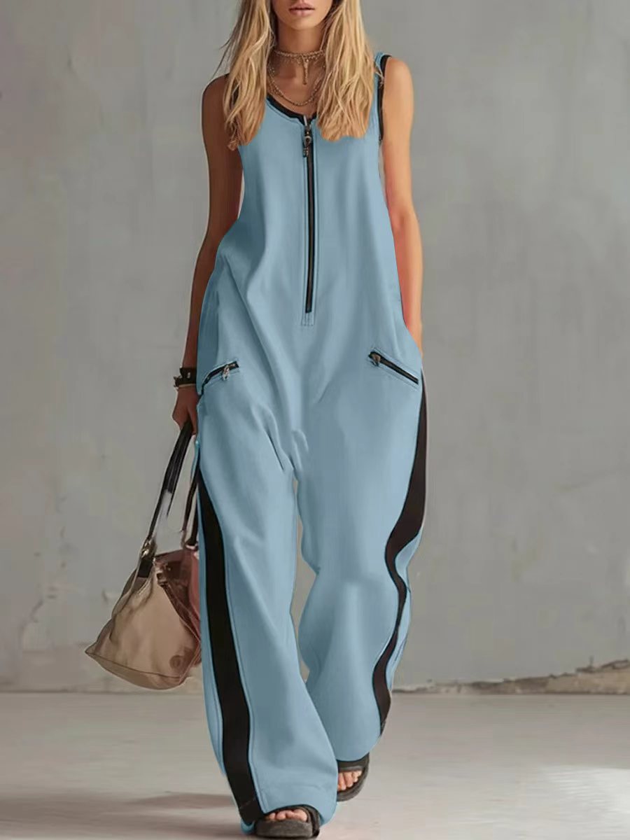 Women's Contrast Color Sleeveless Jumpsuit - Sporty Wide Leg with Zipper Detail (S-2XL)