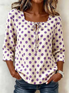 Cream Base Polka Dot Square Neck Tie Front 3/4 Sleeve Blouse