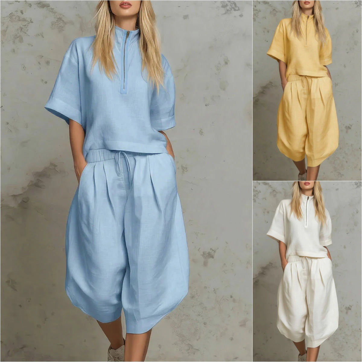 Linen Zip-Neck Top & Harem Culottes Set