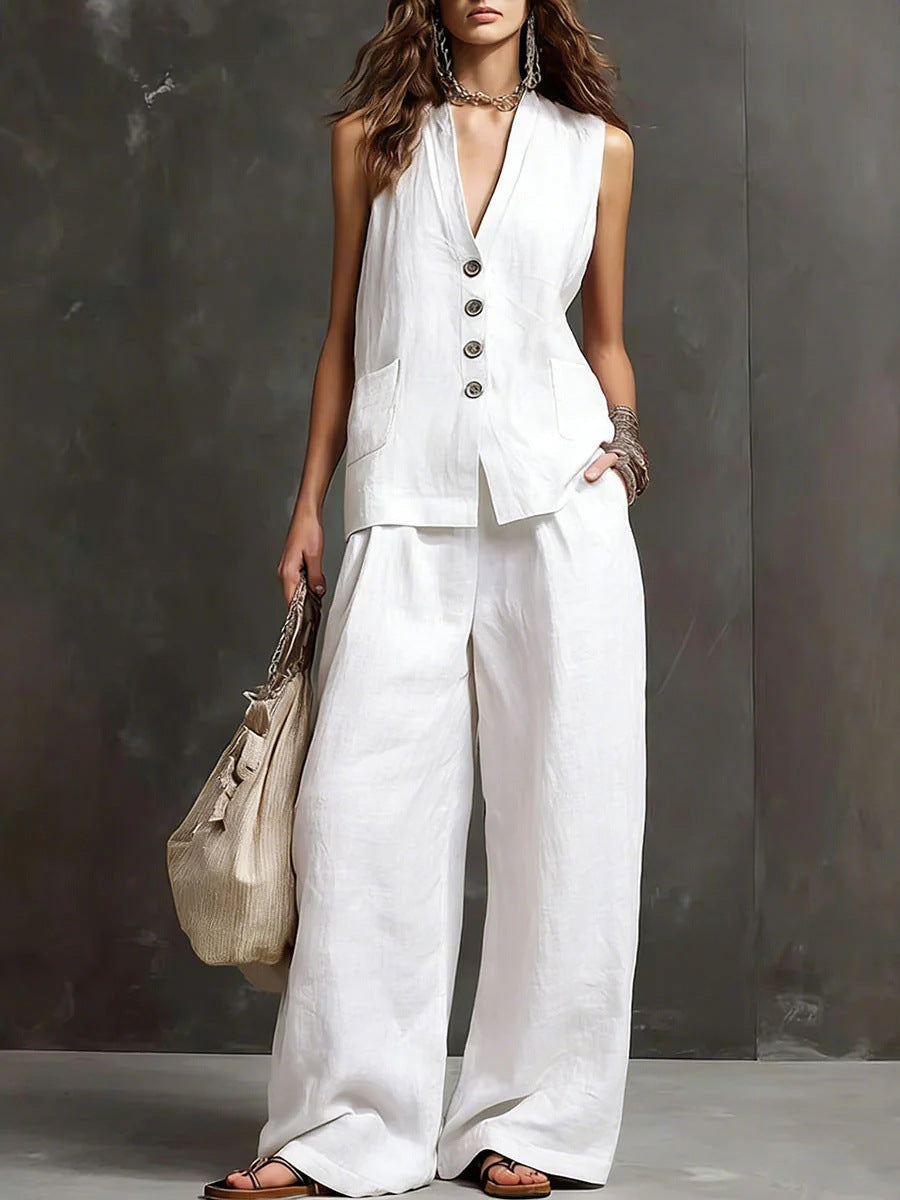 Linen Blend Sleeveless Vest & Wide-Leg Pants Set