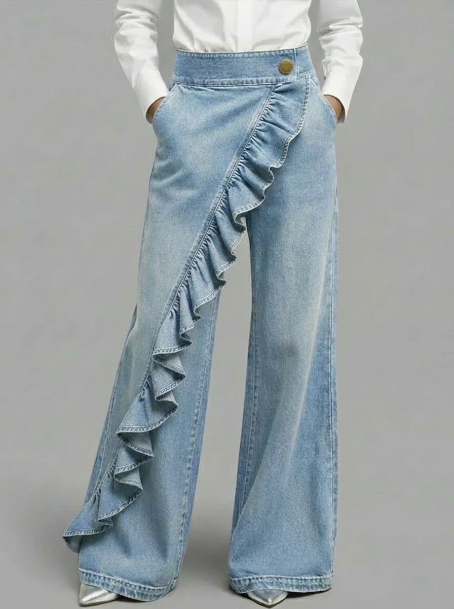 Ruffle Accent High-Waist Wide-Leg Jeans