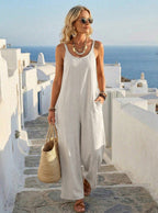 🌟 Premium Linen-Blend Sleeveless Wide-Leg Jumpsuit
