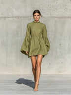 Ruffled High‑Neck Bell‑Sleeve Elastic Waist Mini Dress