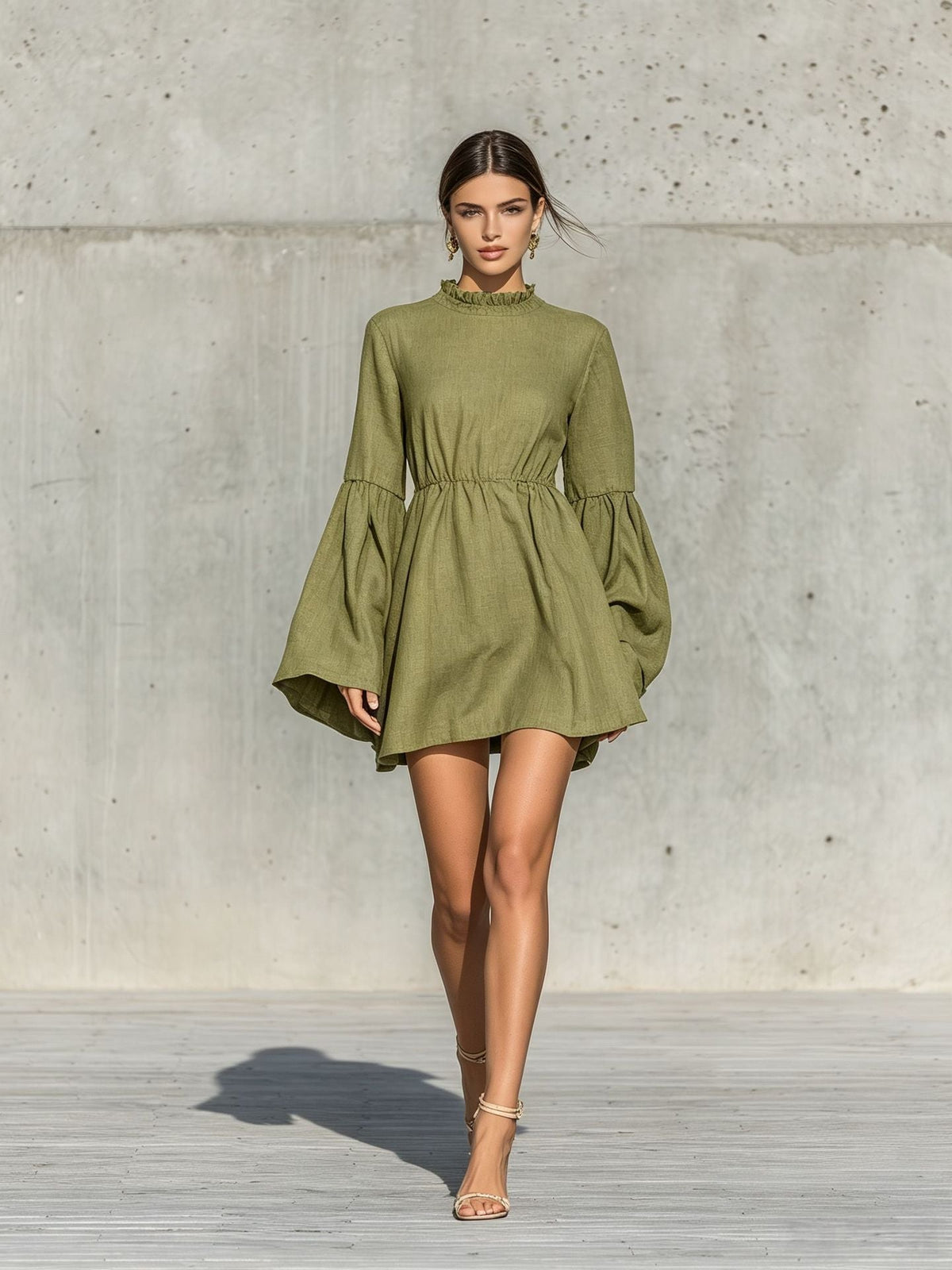 Ruffled High‑Neck Bell‑Sleeve Elastic Waist Mini Dress
