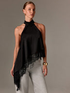 Satin Halter Asymmetrical Lace Hem Cami Top