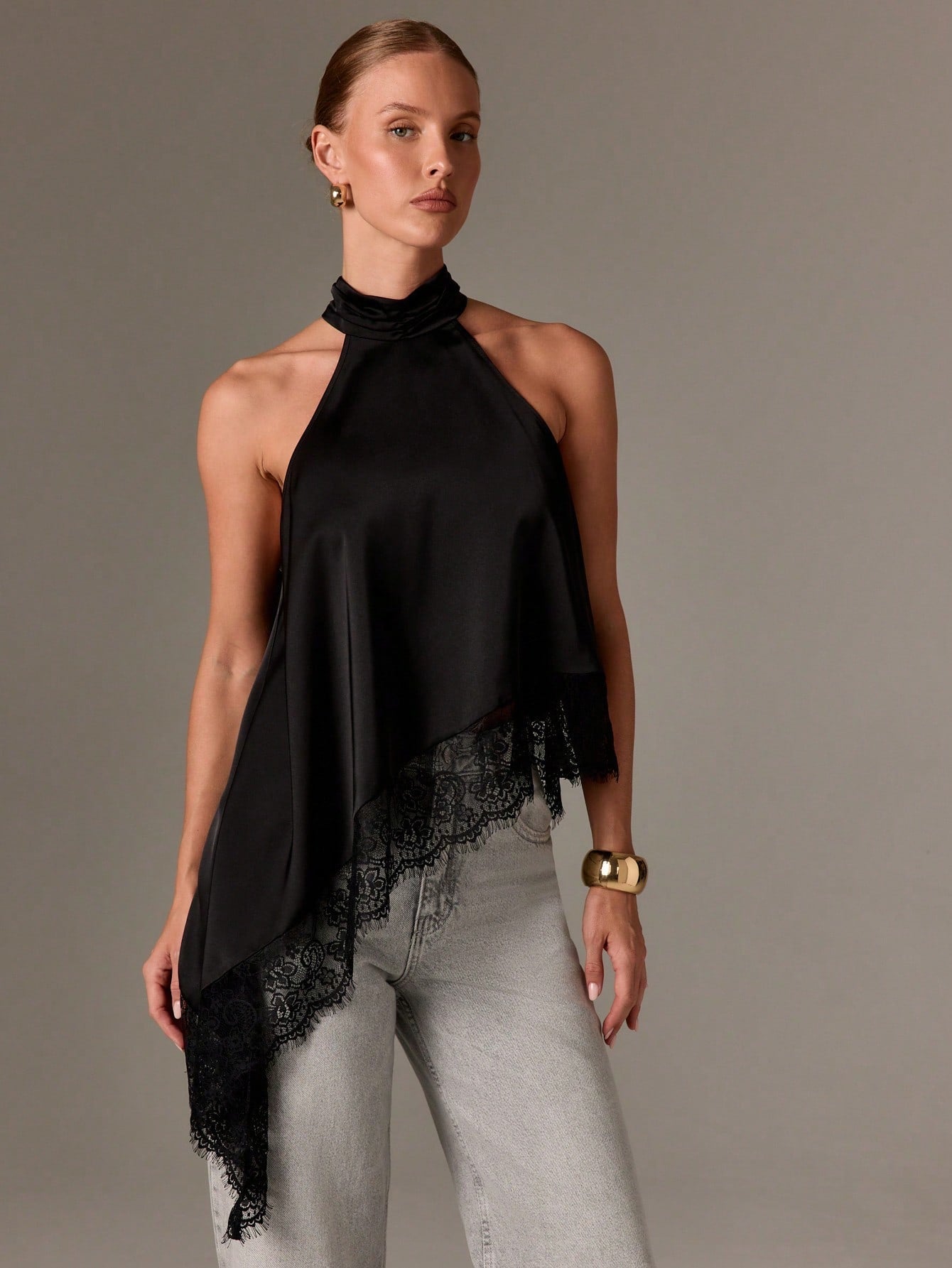 Satin Halter Asymmetrical Lace Hem Cami Top