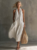 Relaxed Halter Neck Linen Midi Dress with Pockets