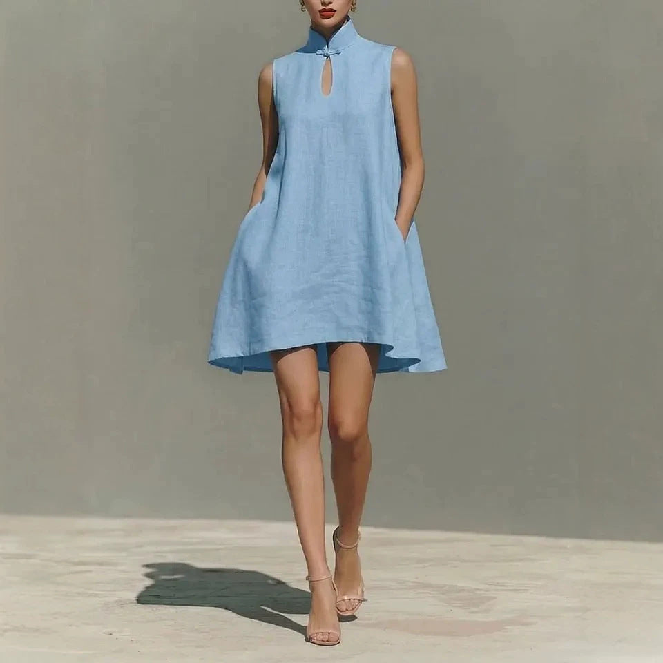 Modern Qipao-Inspired Linen Shift Dress