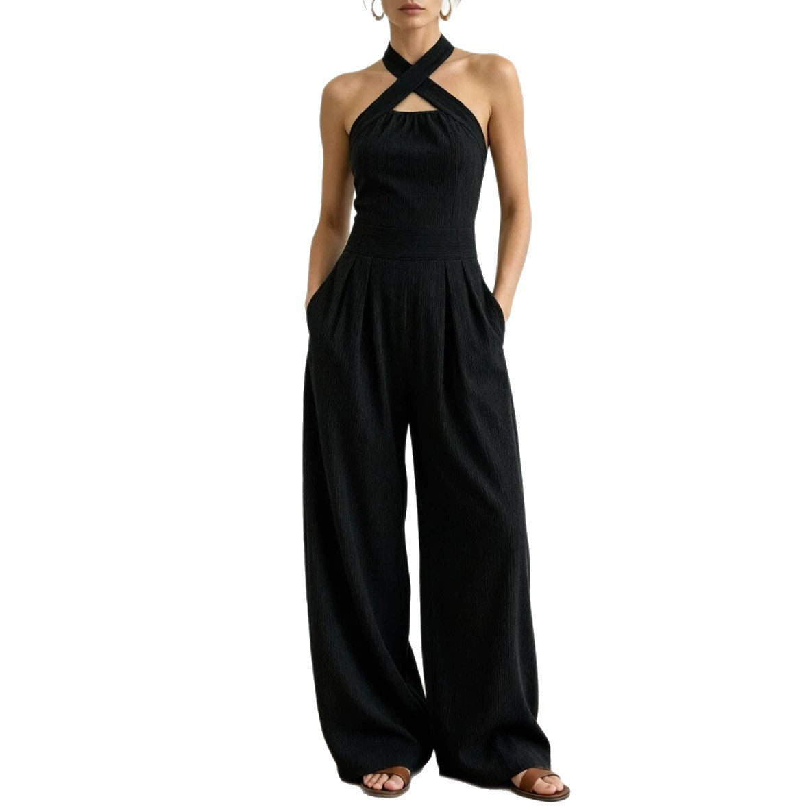Crisscross Halter Keyhole Cutout High Waist Wide Leg Pantsuit with Pockets