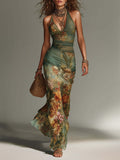 Boho Floral Halter Mesh Maxi Dress