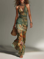 Boho Floral Halter Mesh Maxi Dress