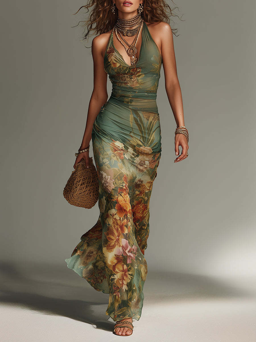 Boho Floral Halter Mesh Maxi Dress
