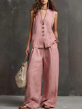 Linen Blend Sleeveless Vest & Wide-Leg Pants Set