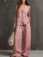 Linen Blend Sleeveless Vest & Wide-Leg Pants Set