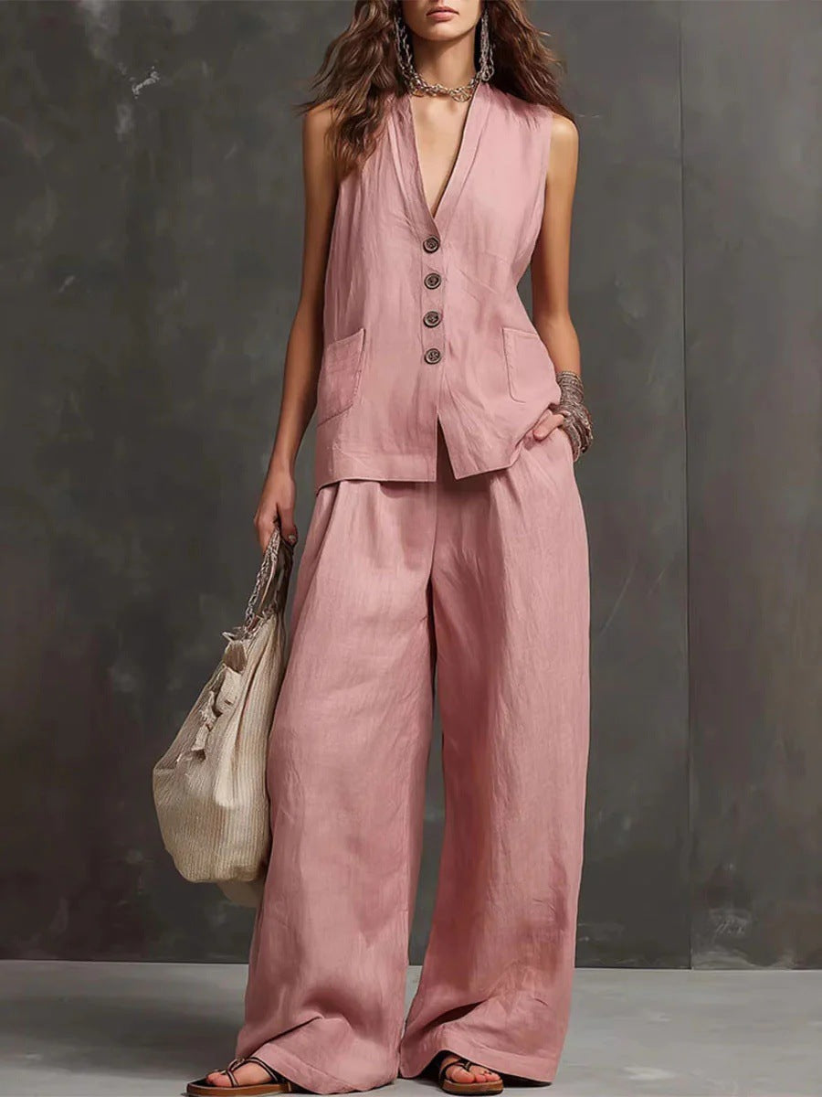 Linen Blend Sleeveless Vest & Wide-Leg Pants Set