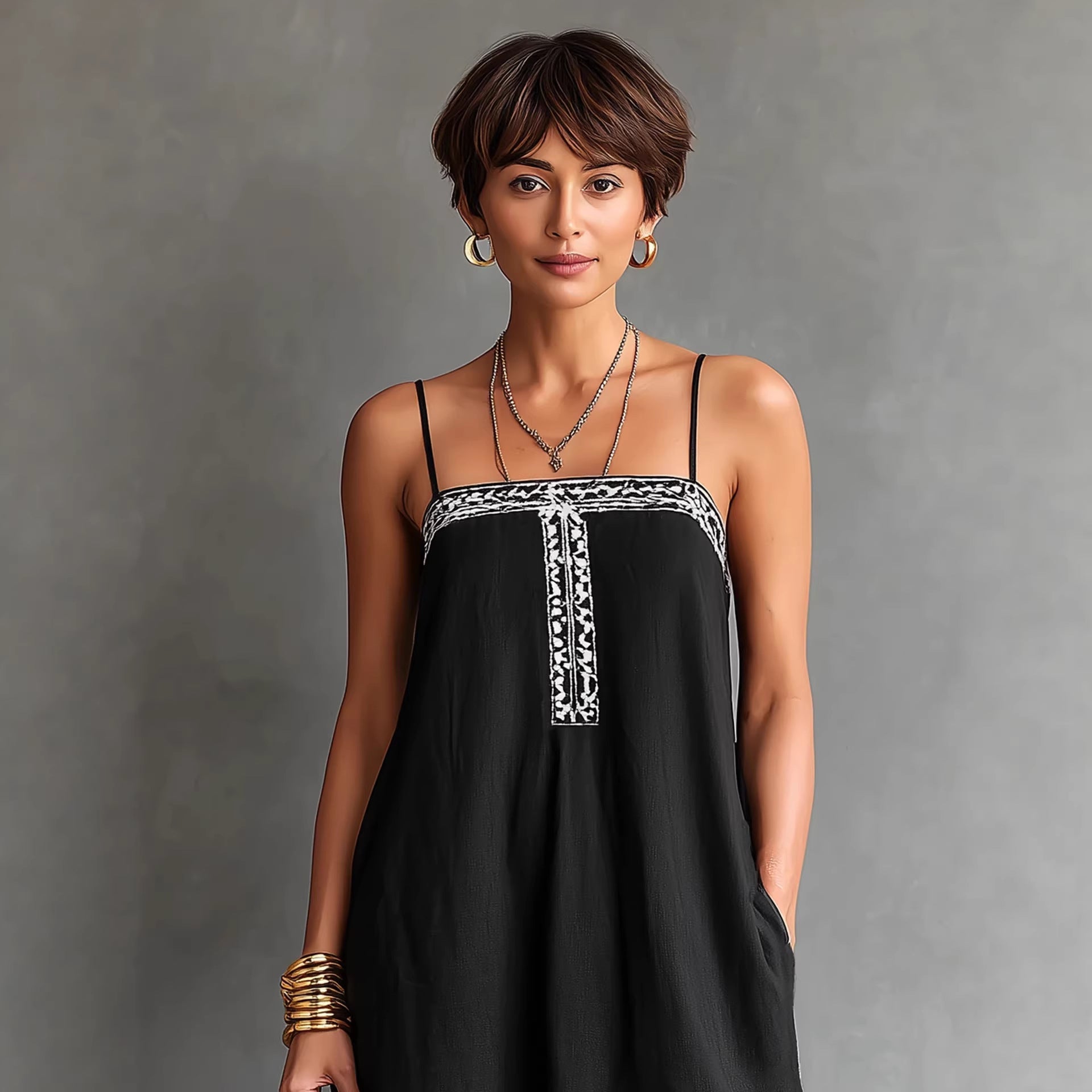 Black Embroidered Linen Maxi Dress