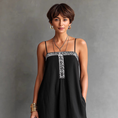 Black Embroidered Linen Maxi Dress