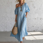 Effortless Off-Shoulder Linen-Blend Maxi Dress