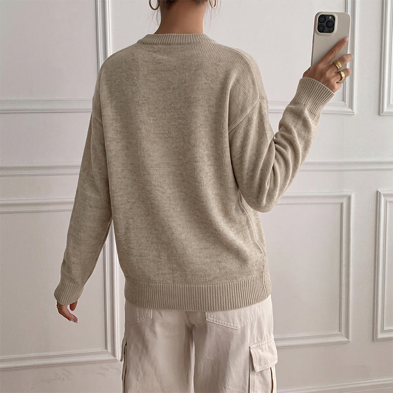 Women's Henley Button Notch Neck Drop‑Shoulder Long Sleeve Knit Sweater