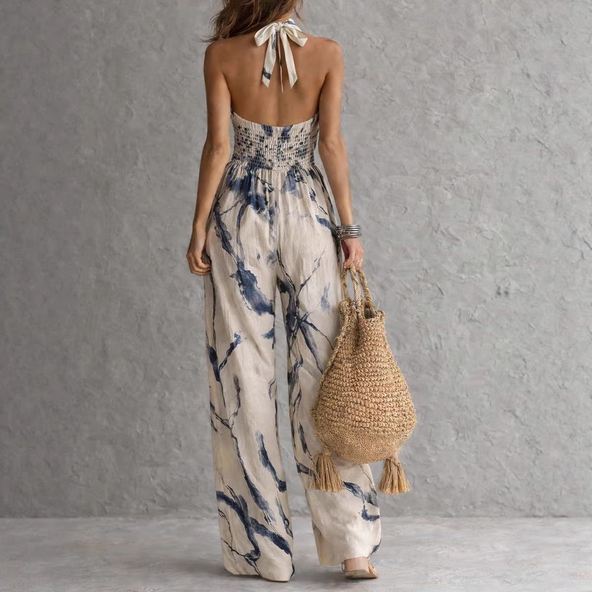 Women's Beige Abstract Print Halter Wide-Leg Jumpsuit