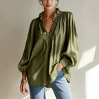 Ruffle V-Neck Crinkled Texture Balloon Sleeve Blouse