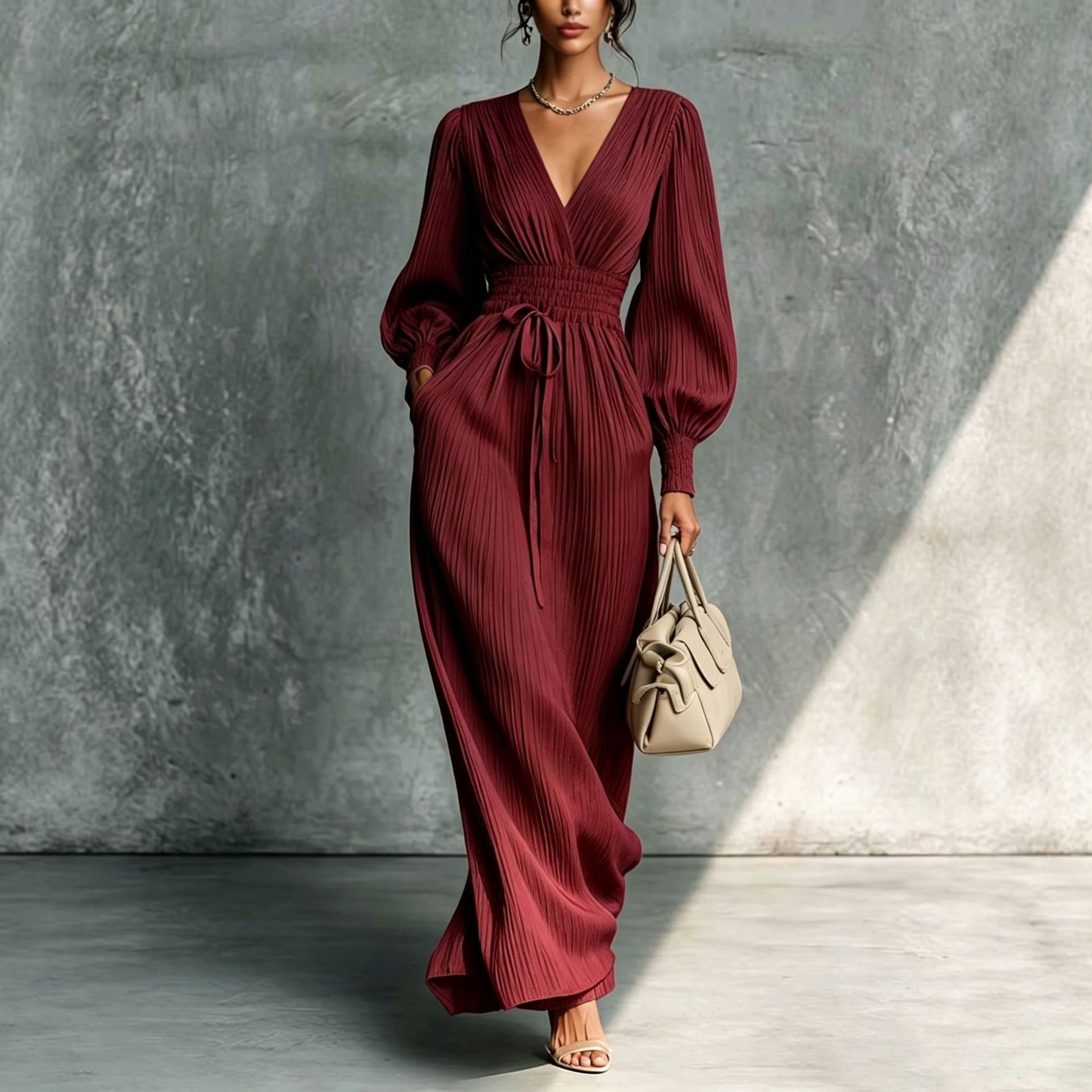 Women'S Pleated Surplice V‑Neck Balloon Sleeve Maxi Dress