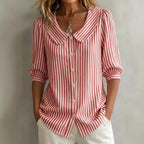 Women Striped Peter Pan Collar Puff Short Sleeve Blouse