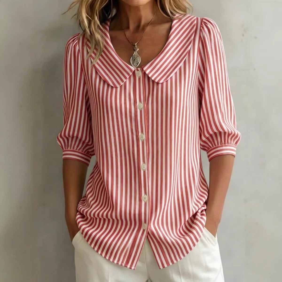 Women Striped Peter Pan Collar Puff Short Sleeve Blouse