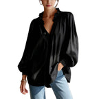 Ruffle V-Neck Crinkled Texture Balloon Sleeve Blouse