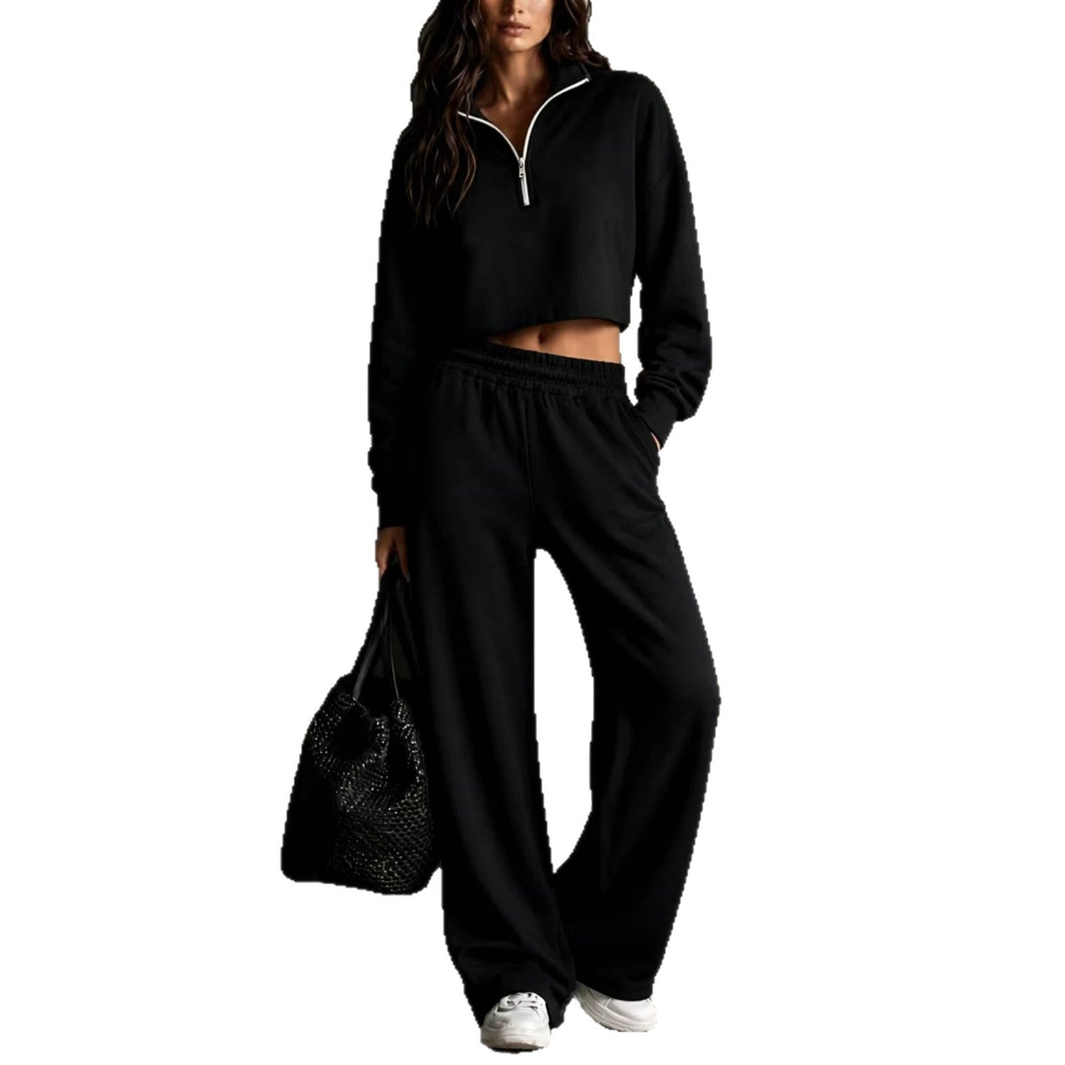 Half‑Zip Cropped Sweatshirt & Wide‑Leg Sweatpants Two‑Piece Set