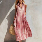 Women's Summer Resort Seaside Plaid Sleeveless Loose Long Dress