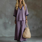 Effortless V-Neck Top & Wide-Leg Pants Two-Piece Set