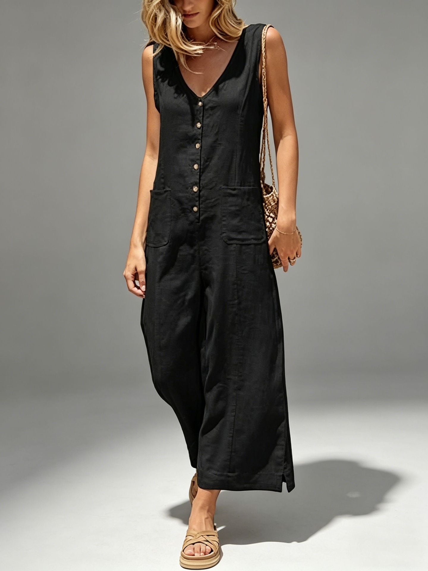 Buttoned Cotton And Linen Sleeveless Casual Wide-Leg Loose Jumpsuit With Pockets