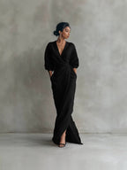 Women's Wrap‑Front Draped Linen Maxi Dress
