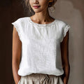 Women'S Retro Loose Solid Color Round Neck Lace Splicing Sleeveless Linen Shirt
