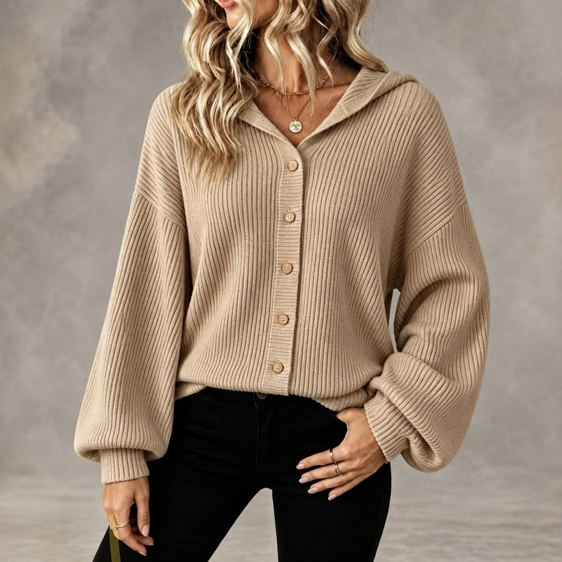 Vertical Rib Knit Hooded Button Down Balloon Sleeve Cardigan