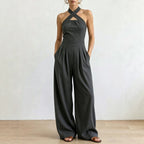 Crisscross Halter Keyhole Cutout High Waist Wide Leg Pantsuit with Pockets