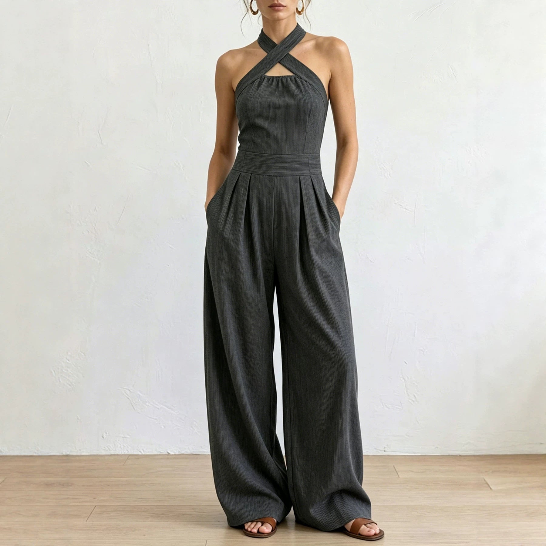 Crisscross Halter Keyhole Cutout High Waist Wide Leg Pantsuit with Pockets