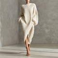Women's Cream Textured Knit Oversized Long Sleeve Slit Maxi Sweater Dress