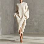 Women's Cream Textured Knit Oversized Long Sleeve Slit Maxi Sweater Dress