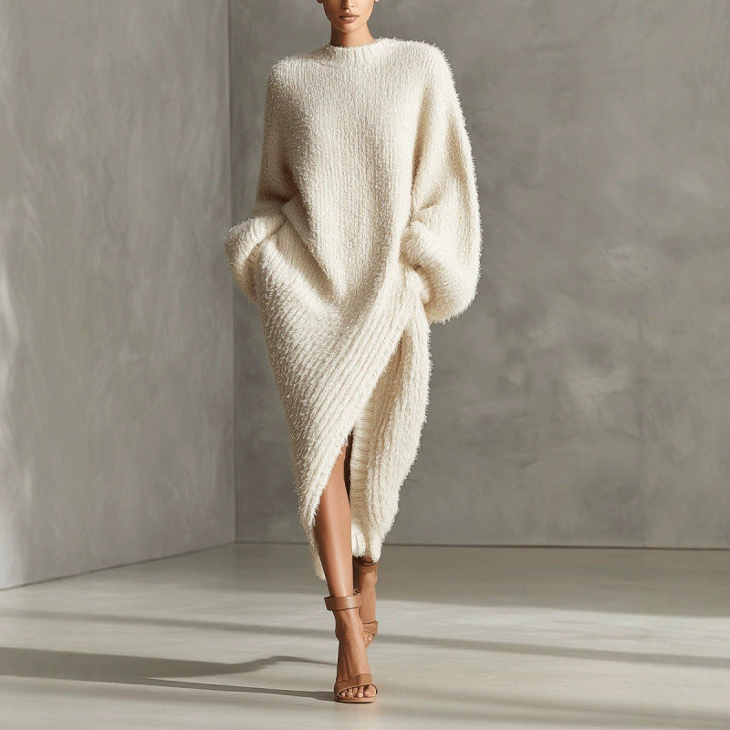 Women's Cream Textured Knit Oversized Long Sleeve Slit Maxi Sweater Dress