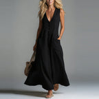 Pocket Deep V-Neck Solid Color Casual Dress