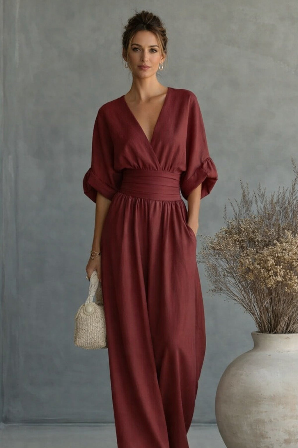 Women'S Surplice V‑Neck Cuffed Sleeve Wide‑Leg Linen‑Blend Jumpsuit