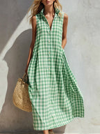 Women's Summer Resort Seaside Plaid Sleeveless Loose Long Dress