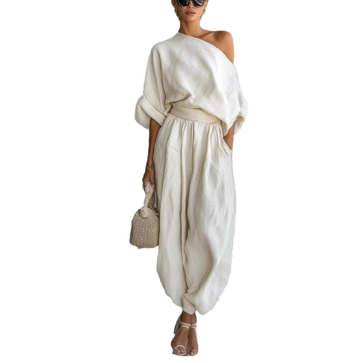 Women One Shoulder Linen Two Piece Outfit, Oversized Roll Sleeve Top