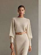 Boat Neck Balloon Long Sleeve Knit Midi Dress With Belt