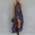 Boho Embroidered High-Low Halter Maxi Dress