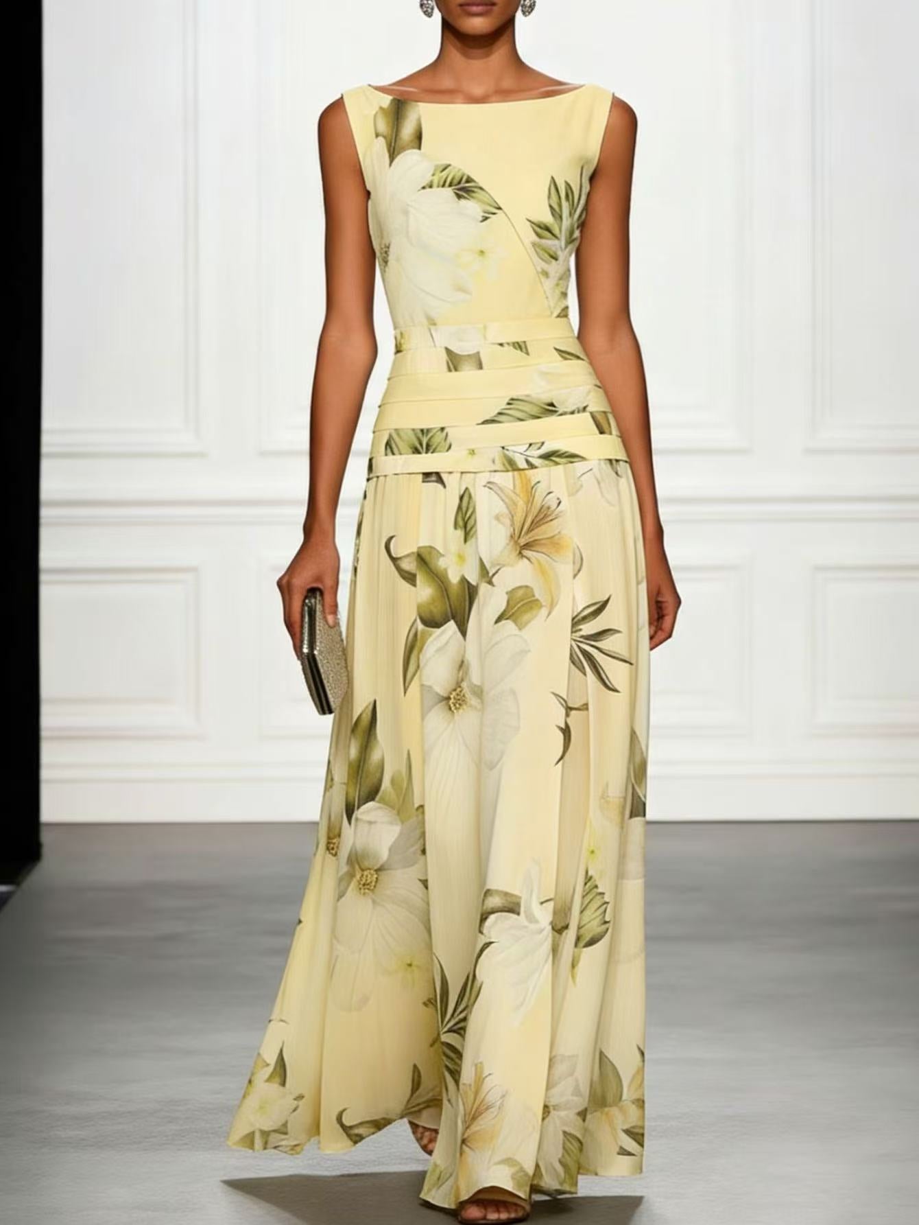 Vintage Lily Floral Color Block Maxi Gown