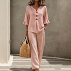 Light Blue V Neck Ruffle Sleeve Linen Two-Piece Wide Leg Pants Set