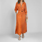 Women Collared Waist‑Tab Shirt Maxi Dress